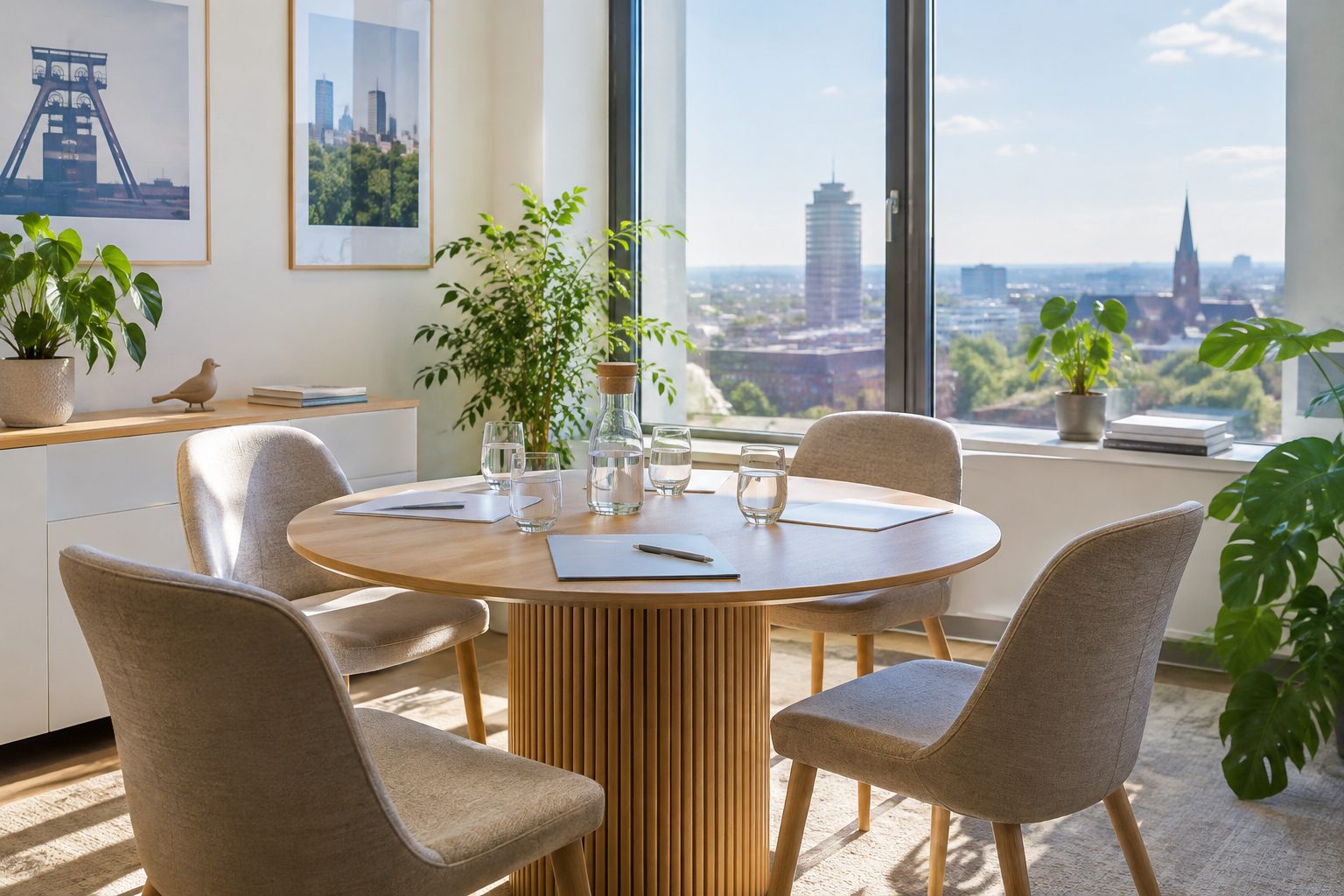 Heller Besprechungstisch mit Unterlagen vor einem Fenster mit Blick über Essen